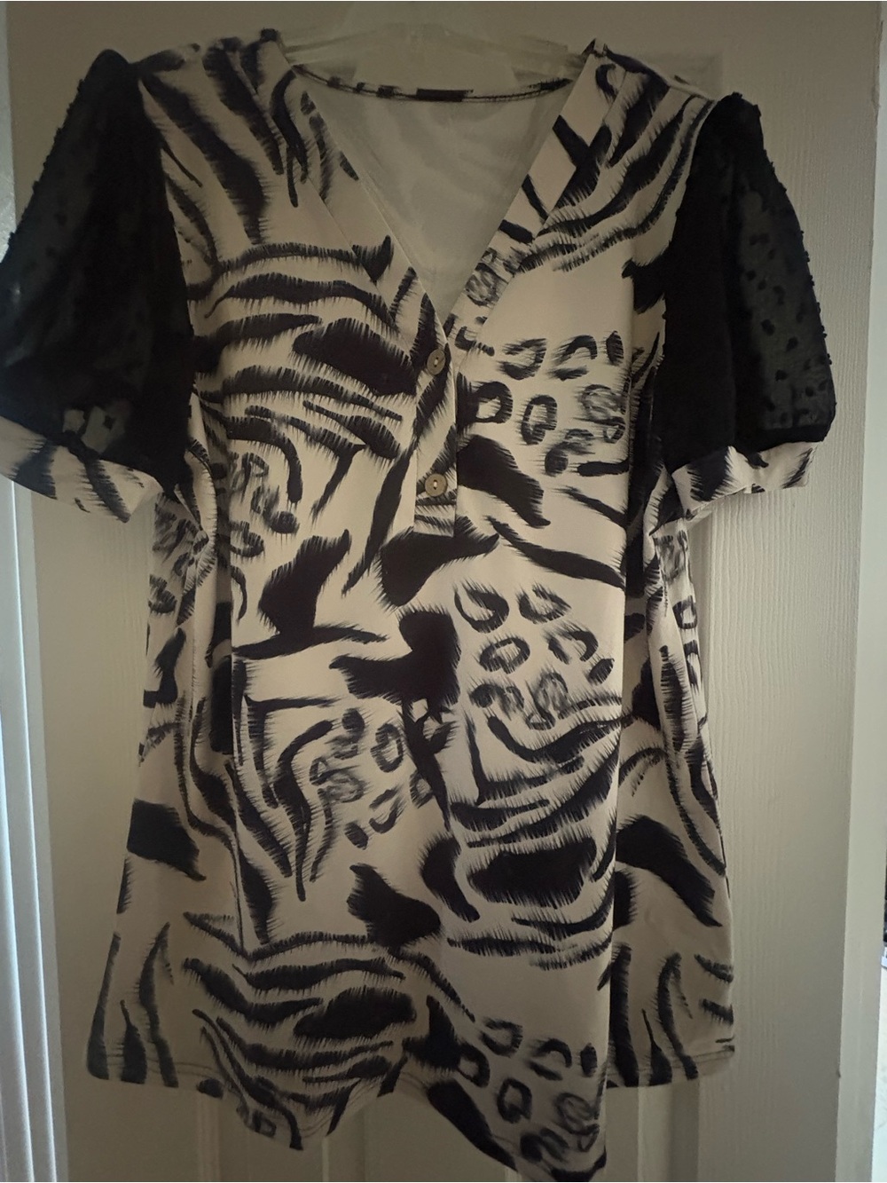Black & White Animal Print Blouse with Sheer Sleeves